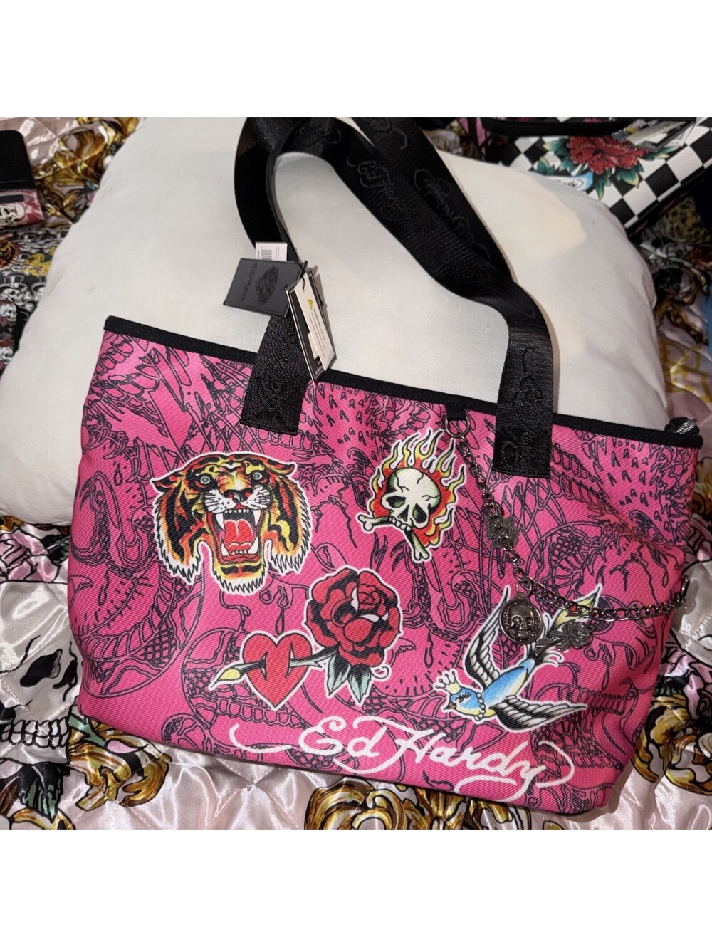 NWT Ed Hardy Zip Tote - Tillie Print -Pink & Black - Tiger, Flaming Skull & More